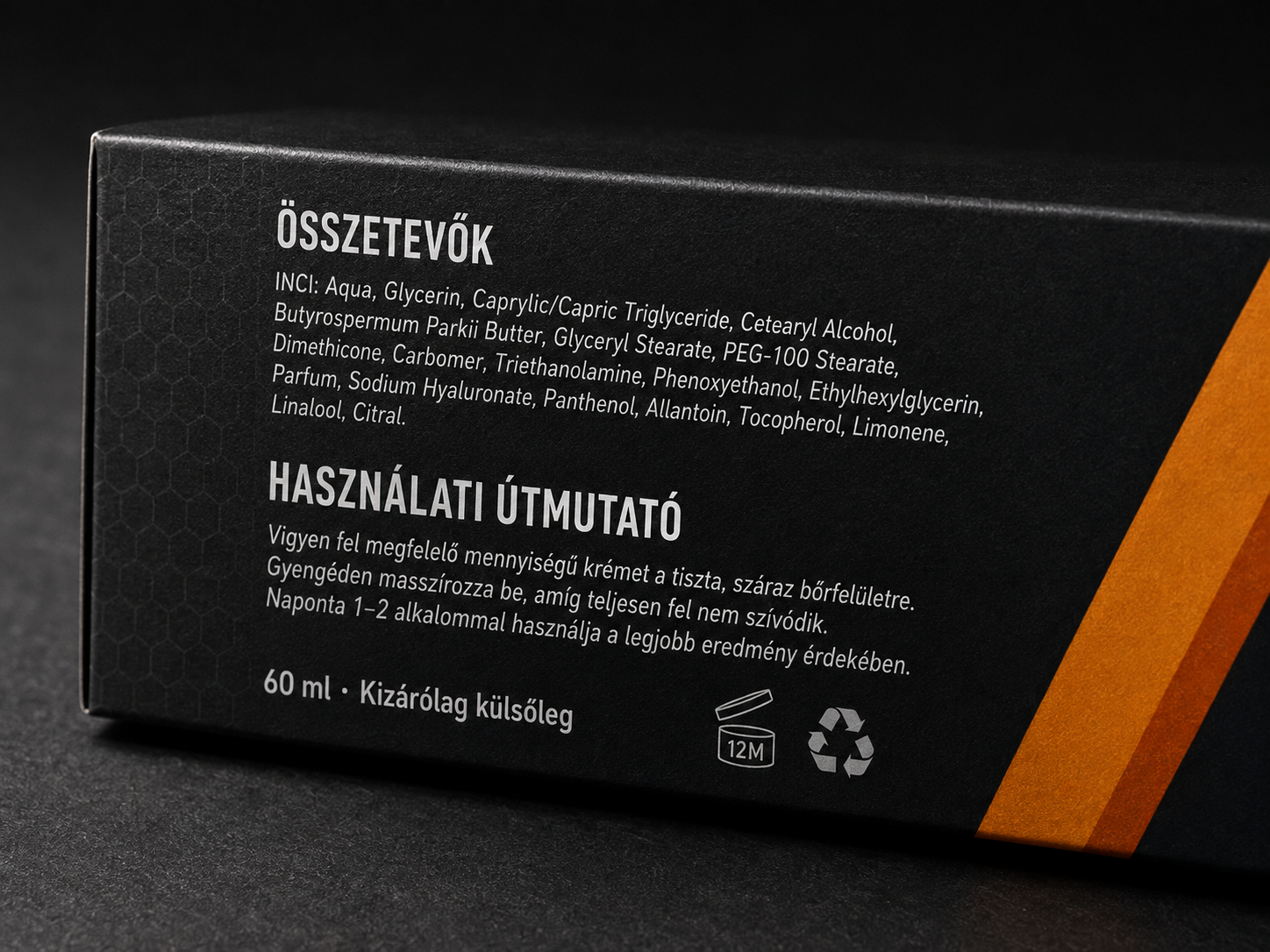 Az IRONSKIN doboz oldala az összetevőlistával és a használati útmutatóval