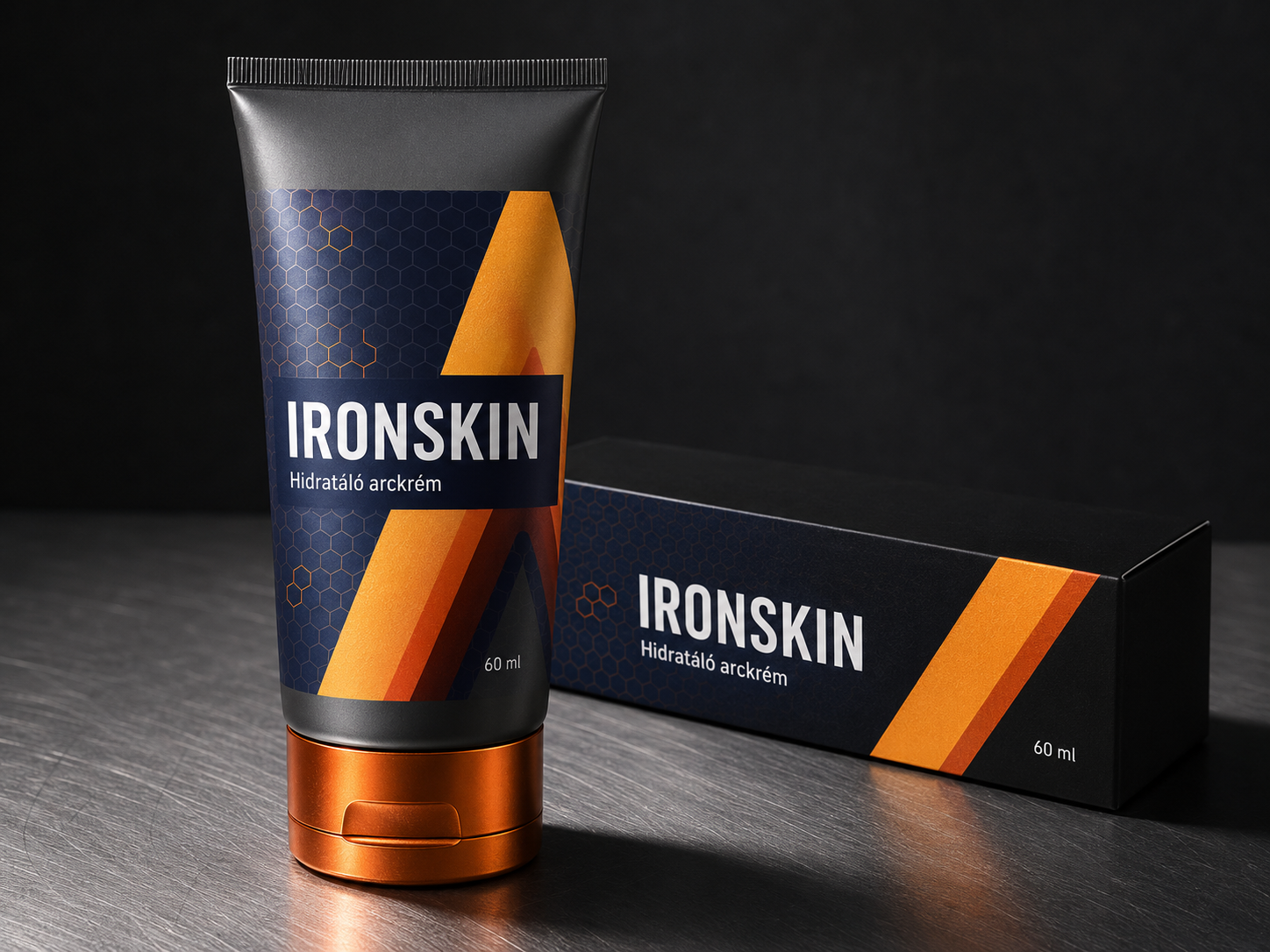IRONSKIN 60 ml-es hidratáló krém tubus és papírdoboz csiszolt acéllapon